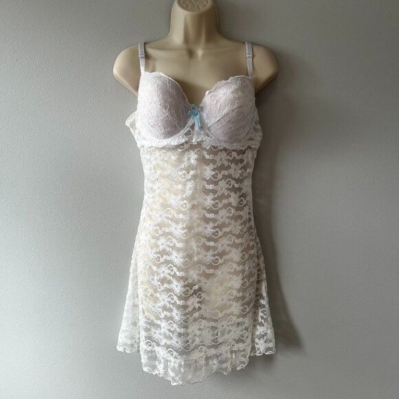 White Lace Floral Ruffle Sheer Underwire Slip Dress Size 2X - Picture 1 of 11